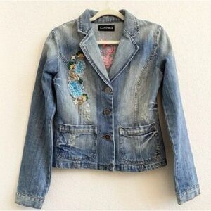 Women's Light Blue Denim Jacket with Floral Design
